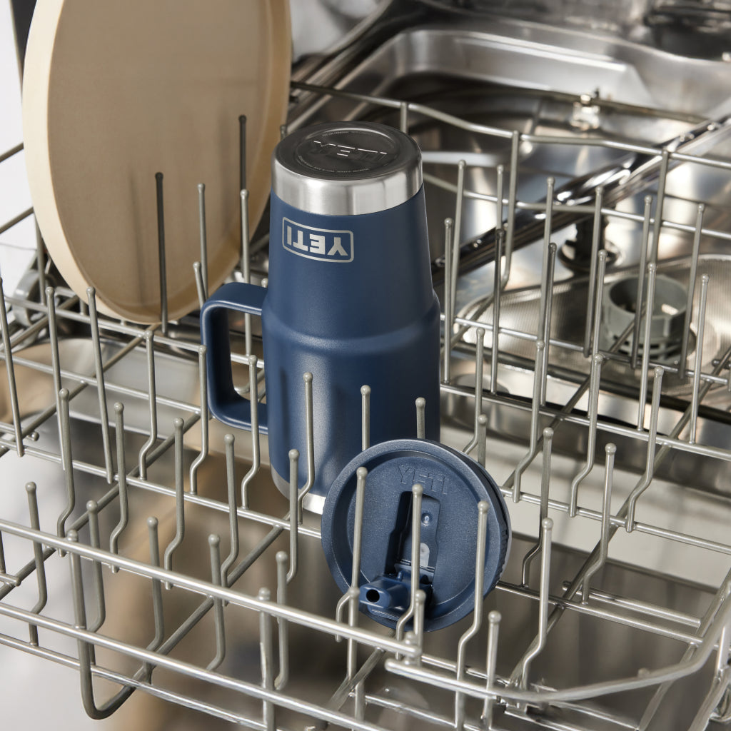 Navy YETI Travel Straw Mug in a dishwasher rack