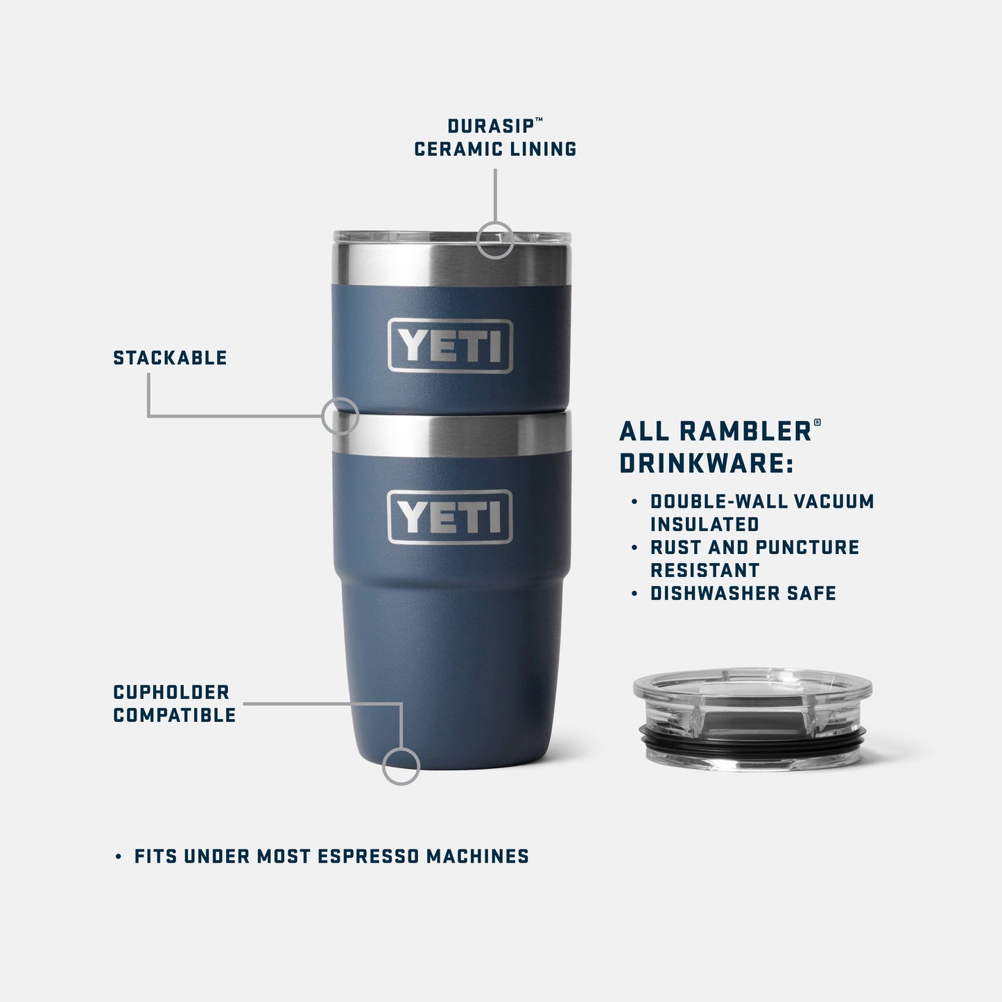 YETI Rambler drinkware with features highlighted on a white background