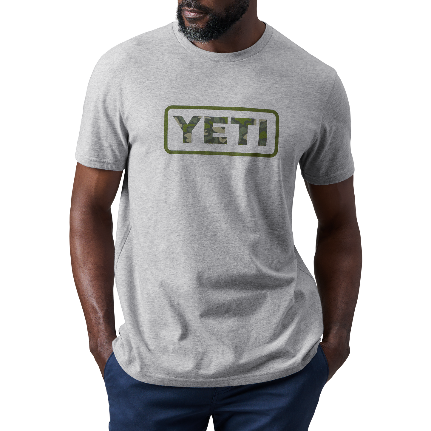YETI Camouflage-Logo-Badge Kurzarm-T-Shirt Heather Grey